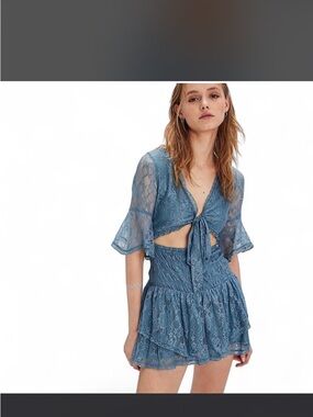 Free People Dusty Blue Lace Tie-Front Crop Top